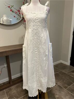 Juliet Dunn white 100% cotton poplin embroidered tie shoulder dress size 1